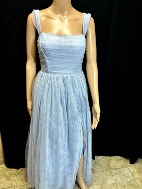 New Windsor Periwinkle Lace Maxi Dress with Square Neck and Thigh Slit